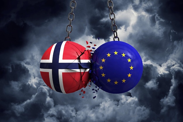 Le drapeau de la Norvège et les balles politiques de l'Union européenne s'entrechoquent Rendu 3D