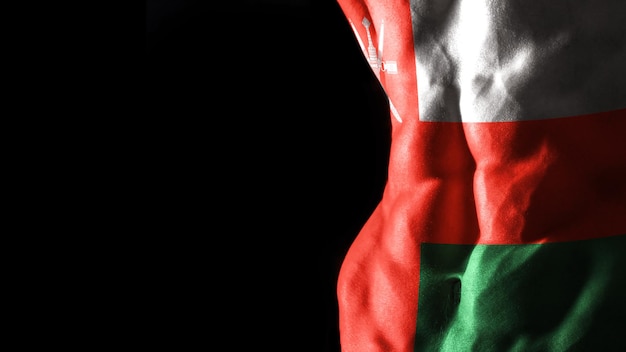 Drapeau d'Oman sur l'entraînement sportif national des muscles abdominaux, concept de musculation, fond noir