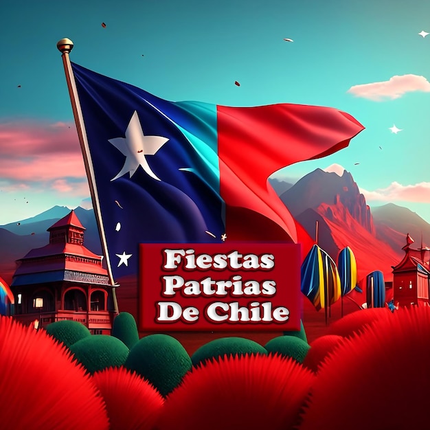 Drapeau ondulant national du chili avec texte Fiestas Patrias De chile