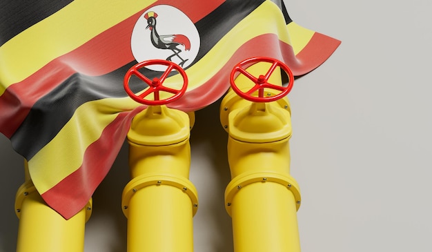 Drapeau de l'Ouganda couvrant un pipeline de carburant pétrolier et gazier Concept de l'industrie pétrolière Rendu 3D