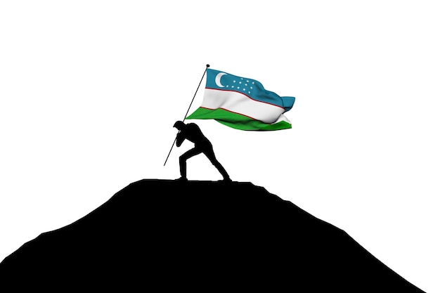 Le drapeau de l'Ouzbékistan est poussé au sommet de la montagne par une silhouette masculine de rendu 3D