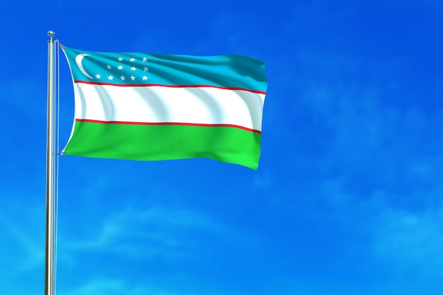 Drapeau De L'ouzbékistan Sur Le Fond De Ciel Bleu Rendu 3d