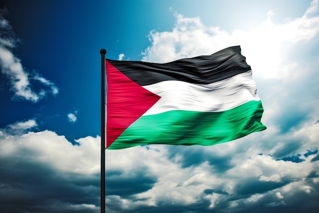 un drapeau palestinien agitant dans le vent contre un ciel bleu vif rempli de nuages blancs moelleux