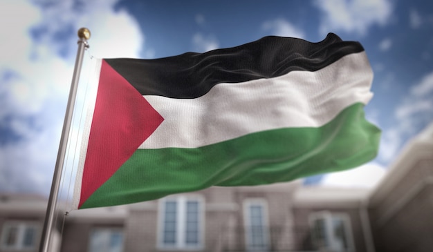 Drapeau Palestinien Rendement 3d Sur Le Fond Du Bâtiment Du Ciel Bleu