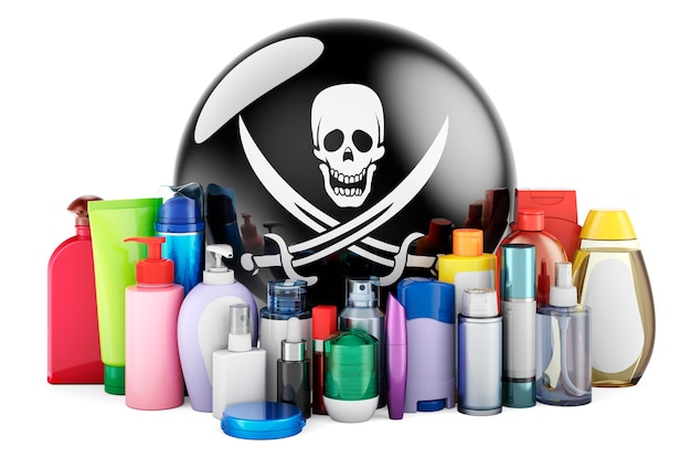 Photo drapeau de piratage avec bouteilles cosmétiques rendu 3d