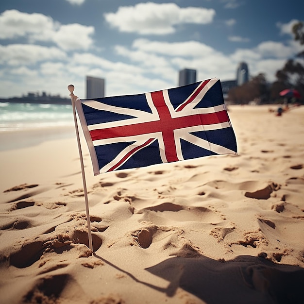 un drapeau sur une plage avec le drapeau australien au soleil