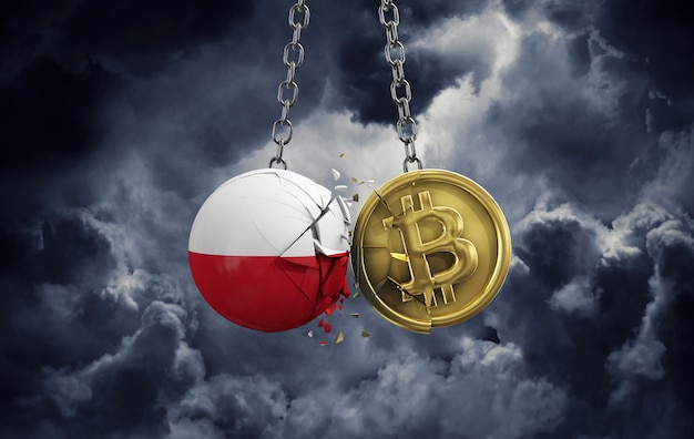 Drapeau de la Pologne s'écrasant dans un rendu de pièce de monnaie crypto bitcoin d'or