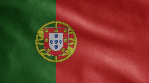 Drapeau portugais flottant dans le vent. Gros plan du modèle Portugal soufflant, soie douce et lisse.