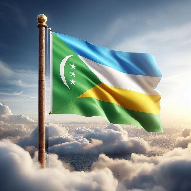 Le drapeau réaliste des Comores sur un poteau de drapeau agitant dans le vent contre des nuages blancs