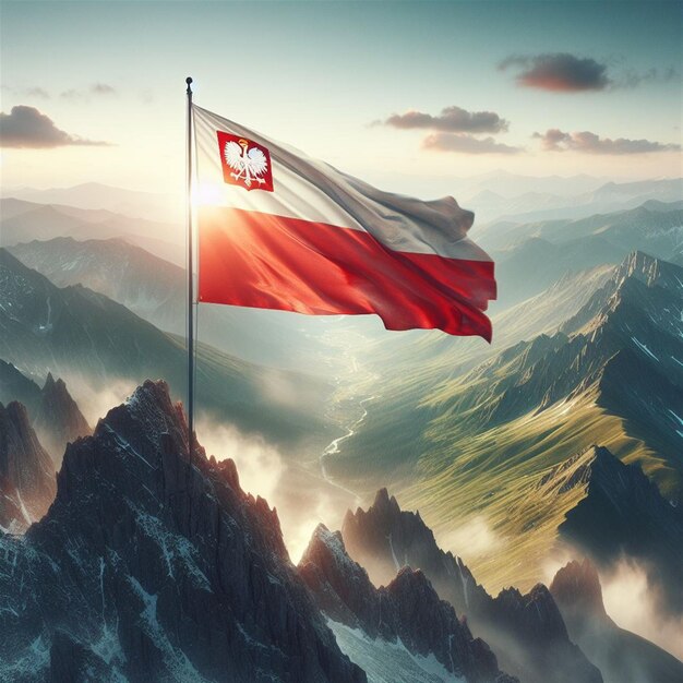 Photo le drapeau réaliste de la pologne agite dans le ciel