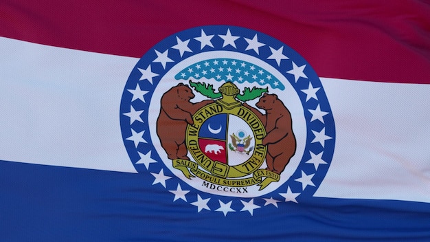 Drapeau de la région de l'état du Missouri aux États-Unis agitant au vent rendu 3d