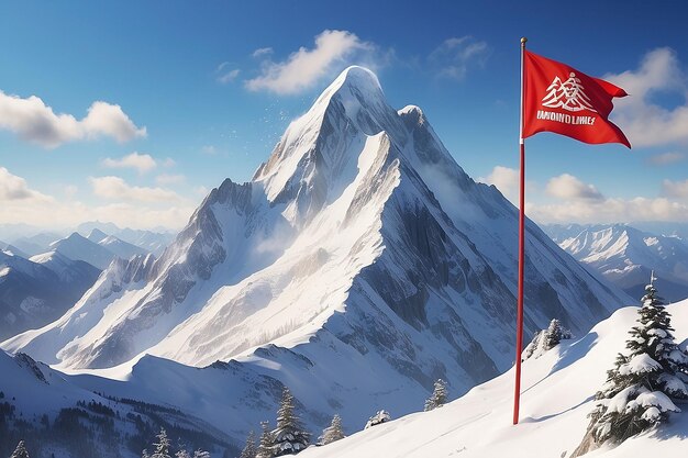 un drapeau rouge avec un dessin blanc est au sommet d'une montagne