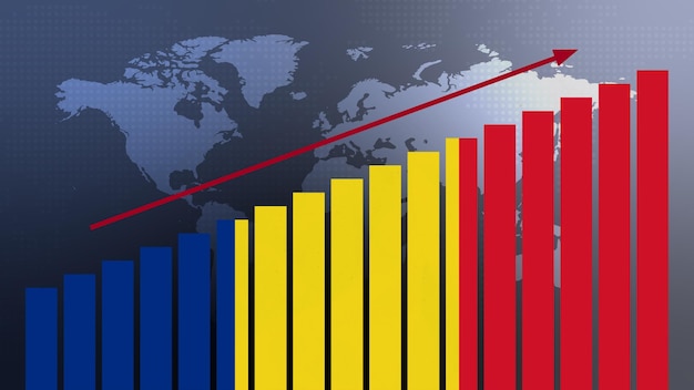 Photo drapeau roumain sur le concept de graphique à barres avec des valeurs croissantes de reprise économique et d'amélioration des affaires après la crise et d'autres catastrophes alors que l'économie et les entreprises rouvrent à nouveau