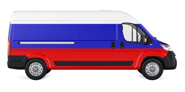 Drapeau russe peint sur une camionnette de livraison commerciale Livraison de fret en Russie concept rendu 3D