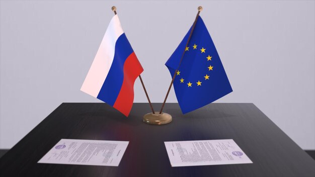 Drapeau de la Russie et de l'UE sur la table Accord politique ou accord commercial avec l'illustration 3D du pays