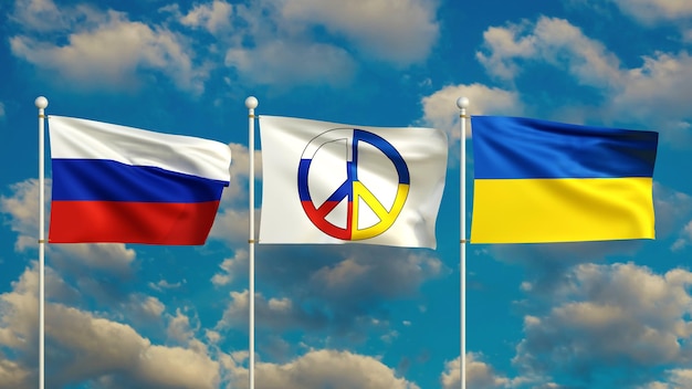 Drapeau de la Russie et de l'Ukraine avec signe de paix ou symboles de paix flottant dans le rendu 3d du ciel et des nuages