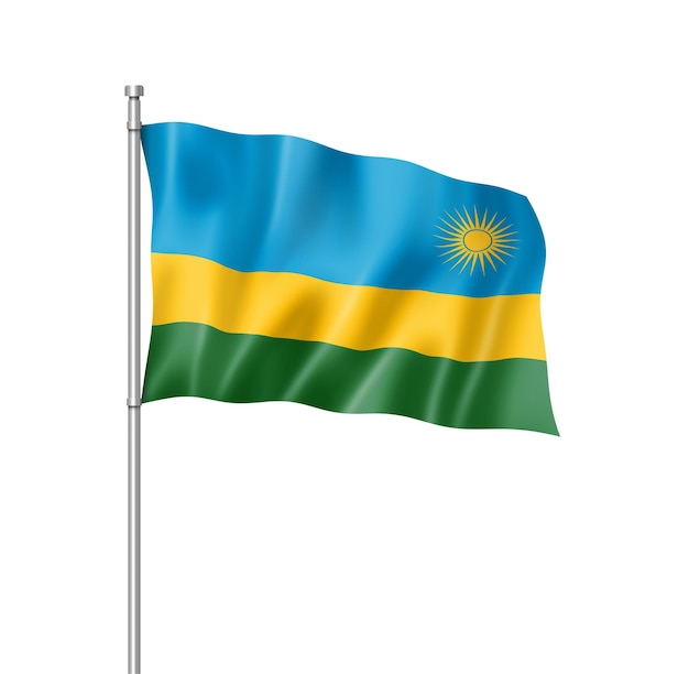 Drapeau rwandais rendu tridimensionnel isolé sur blanc