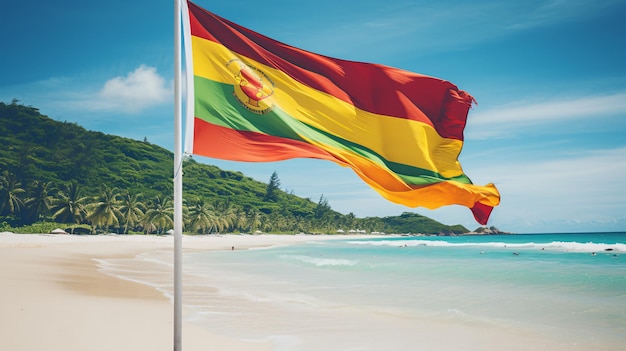 Le drapeau des Seychelles monté sur la plage agitant le drapeau