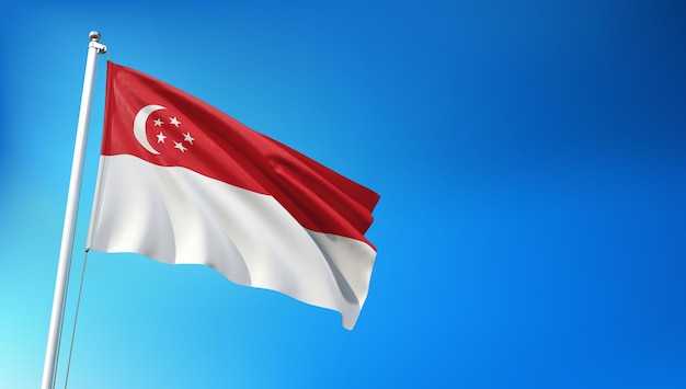 Drapeau de Singapour battant sur fond de ciel bleu rendu 3D