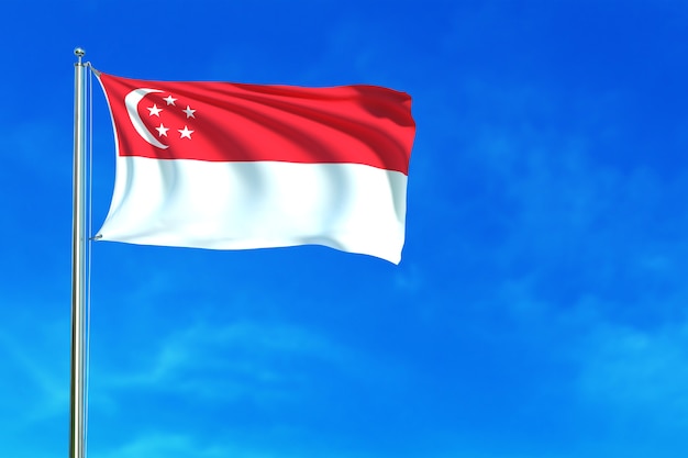 Drapeau de Singapour sur le fond de ciel bleu rendu 3d