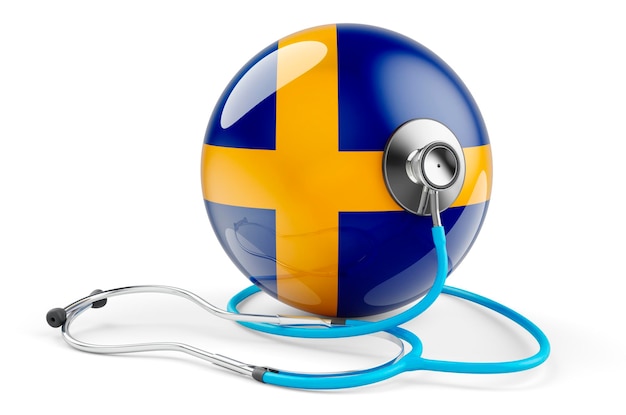 Drapeau suédois avec stéthoscope Soins de santé en Suède rendu 3D concept isolé sur fond blanc