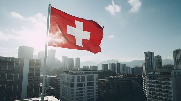 Photo le drapeau suisse gracieusement sur un toit