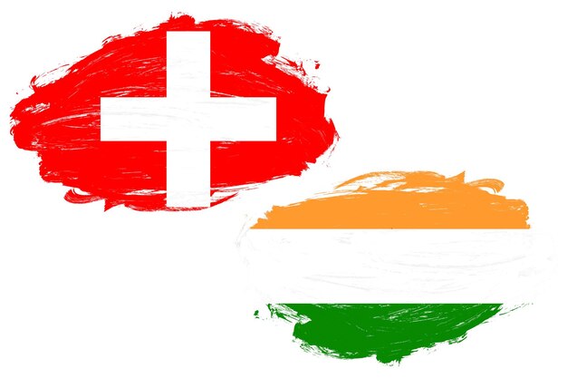 Drapeau de la Suisse et de l'Inde ensemble sur un fond de pinceau de trait blanc