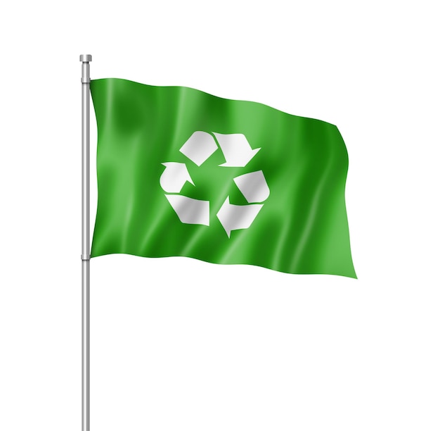 Drapeau de symbole de recyclage, rendu en trois dimensions, isolé sur blanc