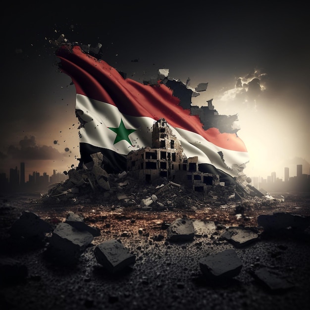 Le drapeau syrien survole l'État après le tremblement de terre catastrophe de la tragédie de la destruction des ruines