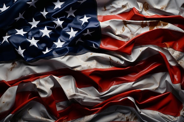 Le drapeau des États-Unis d'Amérique froissé de près.