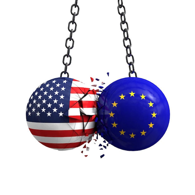 Le drapeau des États-Unis et les balles politiques de l'Union européenne s'entrechoquent Rendu 3D