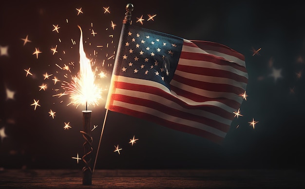 Le drapeau des États-Unis et les feux d'artifice au coucher du soleil 3D rendent réaliste le 4 juillet, jour de l'indépendance