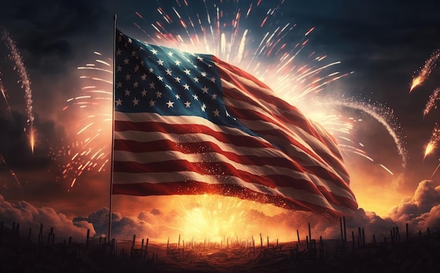 Le drapeau des États-Unis et les feux d'artifice au coucher du soleil 3D rendent réaliste le 4 juillet, jour de l'indépendance