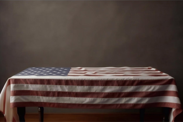 Drapeau des États-Unis et fond sombre sur fond d'écran de table en bois générative ai