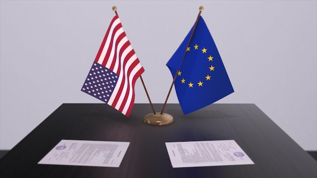 Drapeau des États-Unis et de l'UE sur la table Accord politique ou accord commercial avec l'illustration 3D du pays