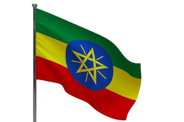 Drapeau de l'Éthiopie sur le poteau. Mât de drapeau en métal. Drapeau national de l'Éthiopie illustration 3D sur blanc