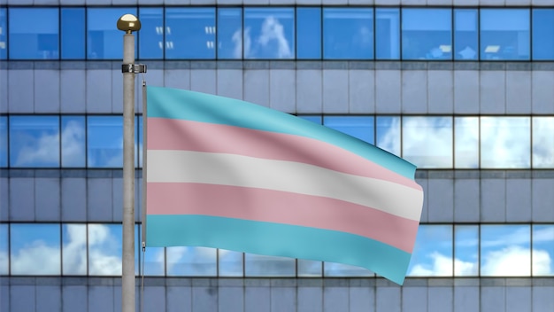 Photo drapeau de la transsexualité 3d agitant sur le vent dans la ville moderne. bannière transsexuelle soufflant, soie douce et lisse. fond d'enseigne de texture de tissu de tissu. utilisez-le pour le concept de fierté et d'événements gays.