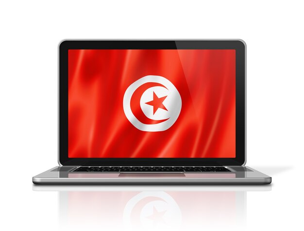 Drapeau Tunisie sur écran d'ordinateur portable isolé sur blanc. Rendu d'illustration 3D.