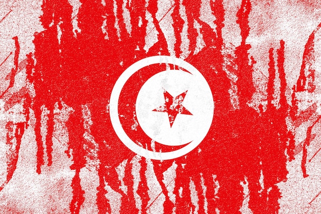Photo drapeau tunisien peint sur un vieux fond de mur en béton en détresse