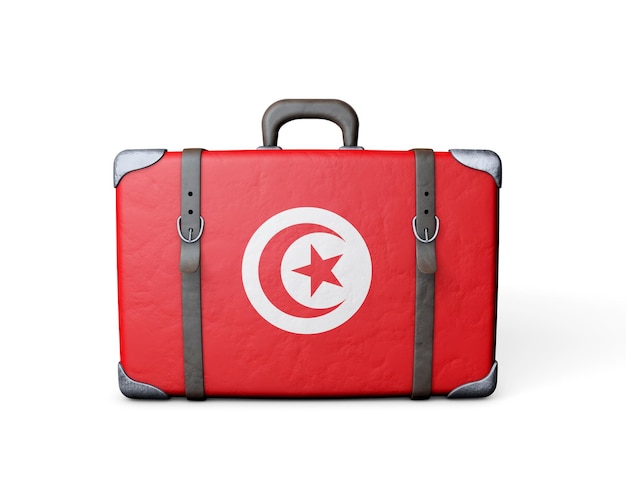 Drapeau tunisien sur une valise en cuir vintage rendu 3D