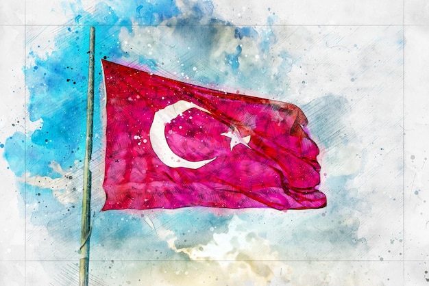 Drapeau de la Turquie agitant dans le ciel bleu nuage