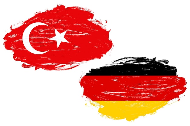 Photo drapeau de la turquie et de l'allemagne ensemble sur un fond de pinceau de trait blanc