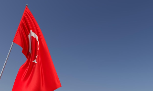 Drapeau de la Turquie sur le mât de drapeau sur fond bleu Place pour le texte Le drapeau se déploie dans le vent Turc Ankara Istanbul 3D illustration