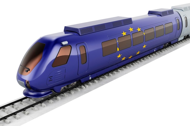 Photo le drapeau de l'ue peint sur le train à grande vitesse voyage ferroviaire dans l'union européenne concept rendu 3d