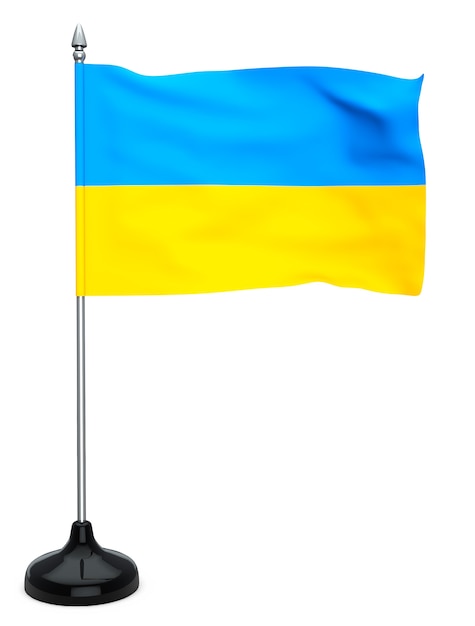 Drapeau de l'Ukraine accroché au mât sur fond blanc