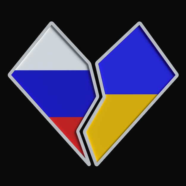 Le drapeau de l'Ukraine et le drapeau de la Russie en forme de coeur rendu 3d Pas de guerre