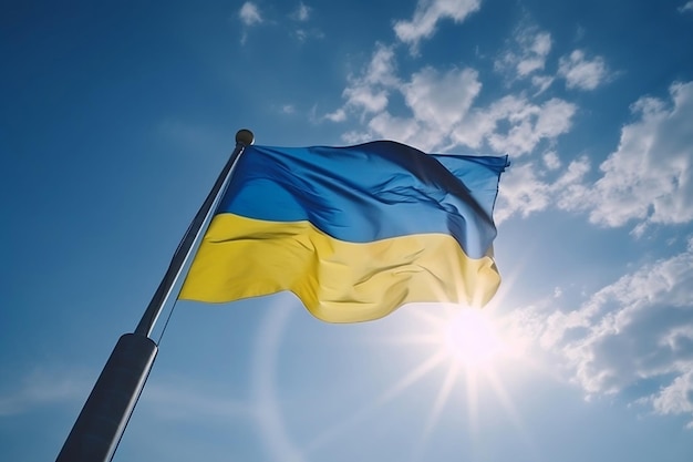 Le drapeau de l'Ukraine sur le fond du ciel bleu généré par l'IA