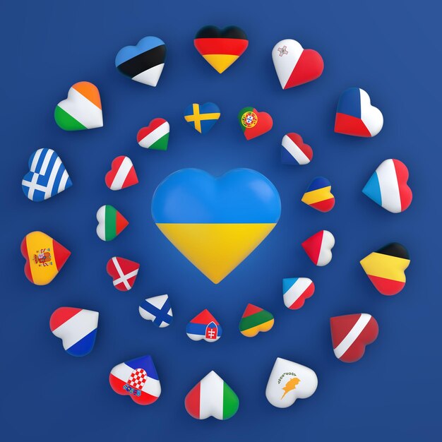 Drapeau de l'Ukraine et des pays de l'Union européenne en forme de cœur