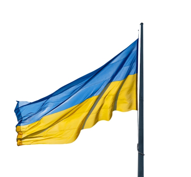 Drapeau de l'Ukraine s'agite en blanc isolé grand jaune bleu drapeau national ukrainien guerre la Russie a attaqué l'Ukraine