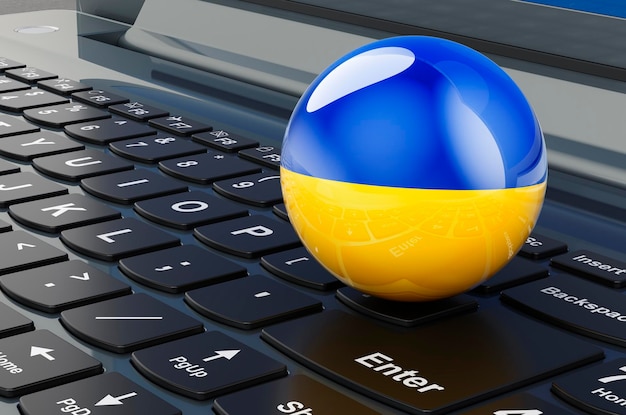 Drapeau ukrainien sur clavier d'ordinateur portable Éducation commerciale en ligne achats en Ukraine concept rendu 3D